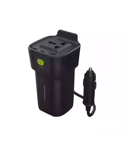 مبدل برق خودرو (اینورتر) و شارژر فندکی فست شارژ ماشین تایپ سی و یو اس بی 150 وات پاورولوژی Powerology 150W Cup Holder Power Inverter Dual USB-C & USB-A QC3.0 P150INVBK