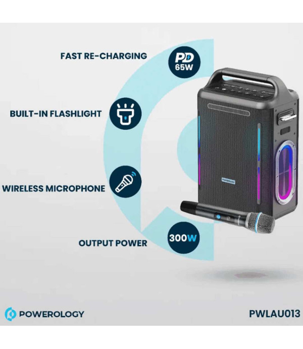 اسپیکر بلوتوثی با میکروفون کارائوکه 300 وات با شارژ سریع 65 واتی پاورولوژی مدل Powerology Karaoke Party Speaker PWLAU013