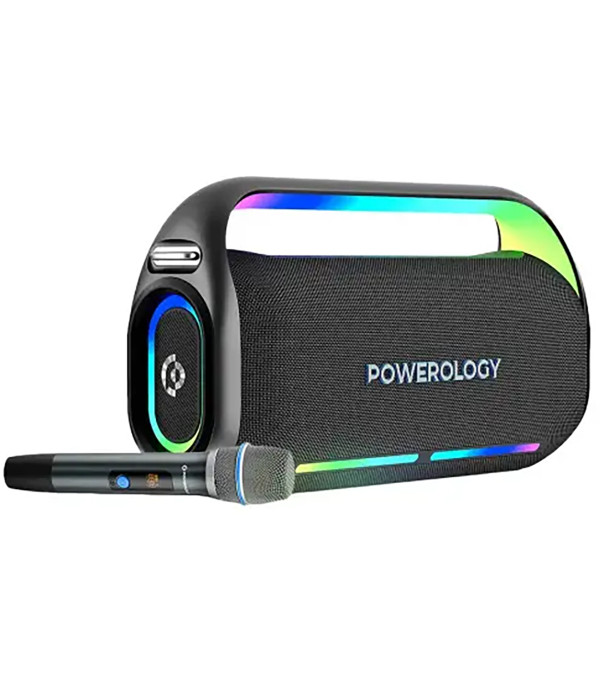 اسپیکر بلوتوثی کارائوکه همراه میکروفون پاورولوژی با توان 150 وات RGB دار مدل Powerology Deep Bass Party Speaker PWLAU012