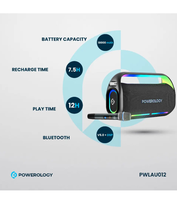 اسپیکر بلوتوثی کارائوکه همراه میکروفون پاورولوژی با توان 150 وات RGB دار مدل Powerology Deep Bass Party Speaker PWLAU012