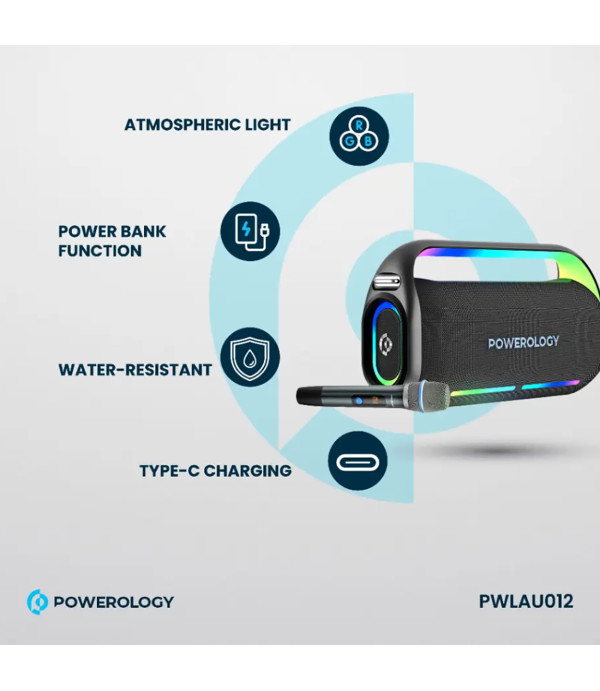 اسپیکر بلوتوثی کارائوکه همراه میکروفون پاورولوژی با توان 150 وات RGB دار مدل Powerology Deep Bass Party Speaker PWLAU012