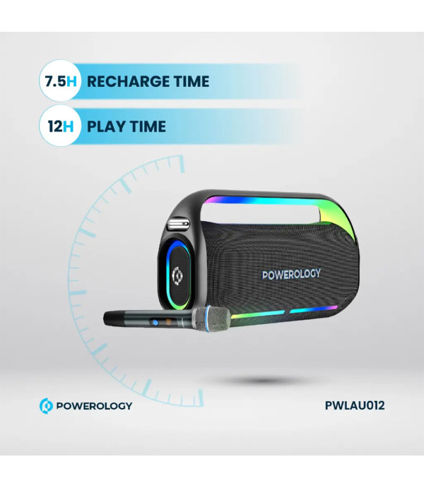 اسپیکر بلوتوثی کارائوکه همراه میکروفون پاورولوژی با توان 150 وات RGB دار مدل Powerology Deep Bass Party Speaker PWLAU012
