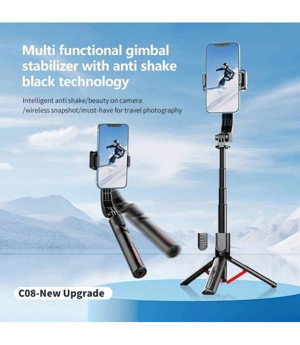 پایه موبایل و مونوپاد سلفی، استابلایزر تک‌محور با قابلیت چرخش 360 درجه و نور کمکی مدل C08 Handheld Cell Phone Stabilizer Gimbal 1 Axis Phone Stable Tripod with Wireless Remote 360 Rotation Selfie Stick