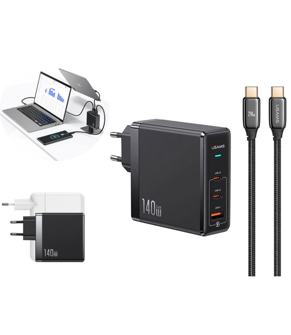 شارژر دیواری تایپ سی و یو اس بی سوپر فست شارژ 140 وات همراه کابل تایپ سی یوسمز USAMS US-CC168 Fast Charger With Type-C Cable USAMS US-CC168 EU 140W Fast Charger With Type-C Cable For iPhone Apple