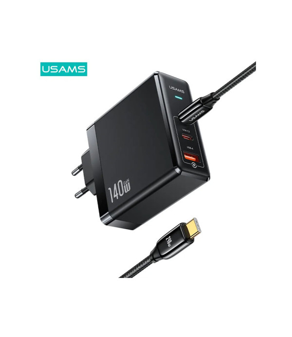 شارژر دیواری تایپ سی و یو اس بی سوپر فست شارژ 140 وات همراه کابل تایپ سی یوسمز USAMS US-CC168 Fast Charger With Type-C Cable USAMS US-CC168 EU 140W Fast Charger With Type-C Cable For iPhone Apple