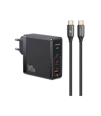 شارژر دیواری تایپ سی و یو اس بی سوپر فست شارژ 140 وات همراه کابل تایپ سی یوسمز USAMS US-CC168 Fast Charger With Type-C Cable USAMS US-CC168 EU 140W Fast Charger With Type-C Cable For iPhone Apple
