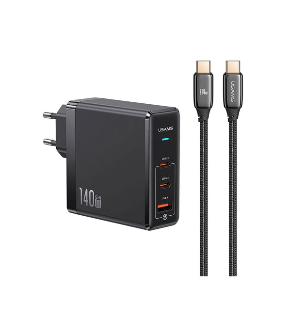 شارژر دیواری تایپ سی و یو اس بی سوپر فست شارژ 140 وات همراه کابل تایپ سی یوسمز USAMS US-CC168 Fast Charger With Type-C Cable USAMS US-CC168 EU 140W Fast Charger With Type-C Cable For iPhone Apple
