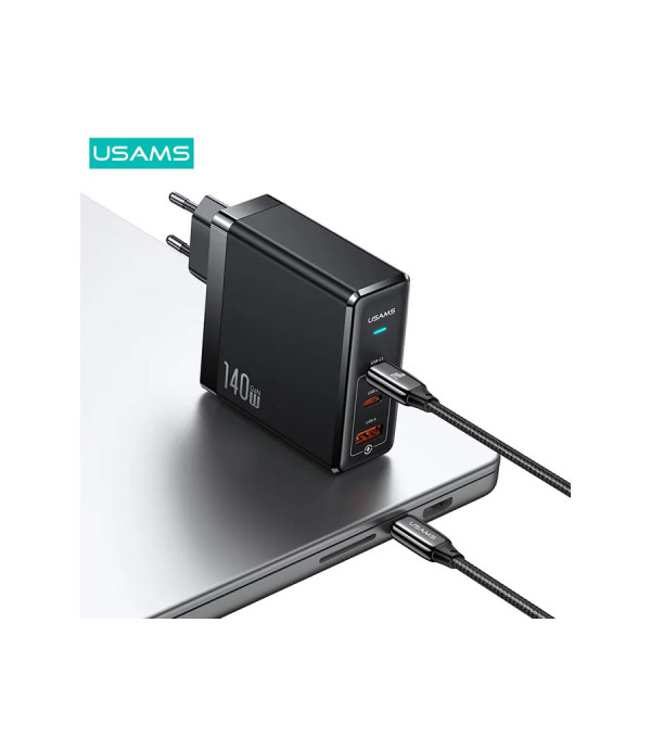 شارژر دیواری تایپ سی و یو اس بی سوپر فست شارژ 140 وات همراه کابل تایپ سی یوسمز USAMS US-CC168 Fast Charger With Type-C Cable USAMS US-CC168 EU 140W Fast Charger With Type-C Cable For iPhone Apple