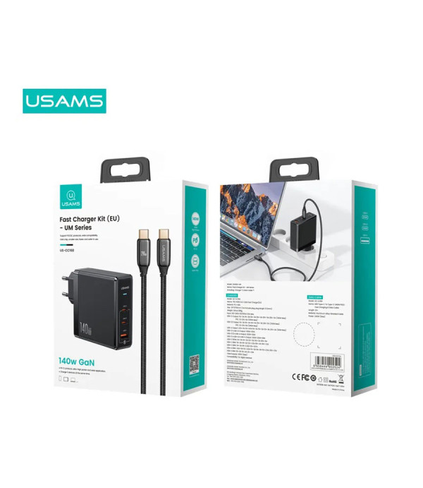 شارژر دیواری تایپ سی و یو اس بی سوپر فست شارژ 140 وات همراه کابل تایپ سی یوسمز USAMS US-CC168 Fast Charger With Type-C Cable USAMS US-CC168 EU 140W Fast Charger With Type-C Cable For iPhone Apple