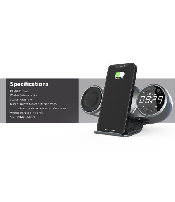 اسپیکر، شارژر بی سیم 10 واتی و سیمی، هولدر موبایل و ساعت رومیزی WD-100