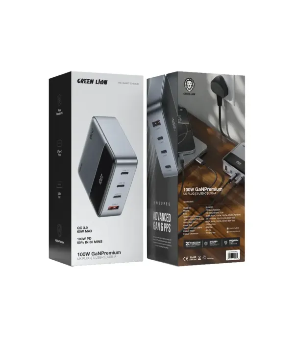 شارژر رومیزی 100 وات طول کابل 1.5 متر گرین لاین مدل Green Lion 100W GaN Premium UK Plug Adapter GN100WADUKGY