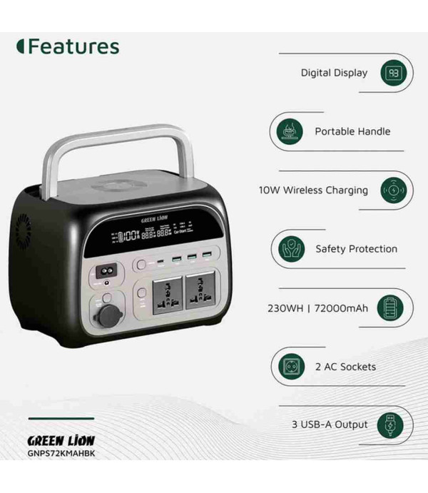 پاوربانک و پاور استیشن 72000 میلی‌آمپرساعت 600 وات گرین‌لاین مدل Green Lion GNPS72KMAHBK Portable 72000mah Power Station 600W GPSX240