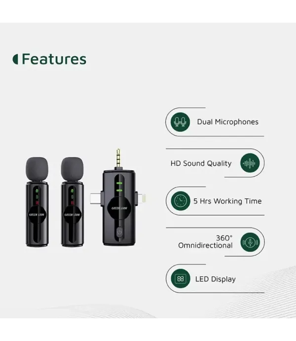 میکروفون یقه ای با قابلیت نویز کنسلینگ گرین لاین مدل Green Lion GM-80X 3 in 1 Microphone GNGM80XMIC