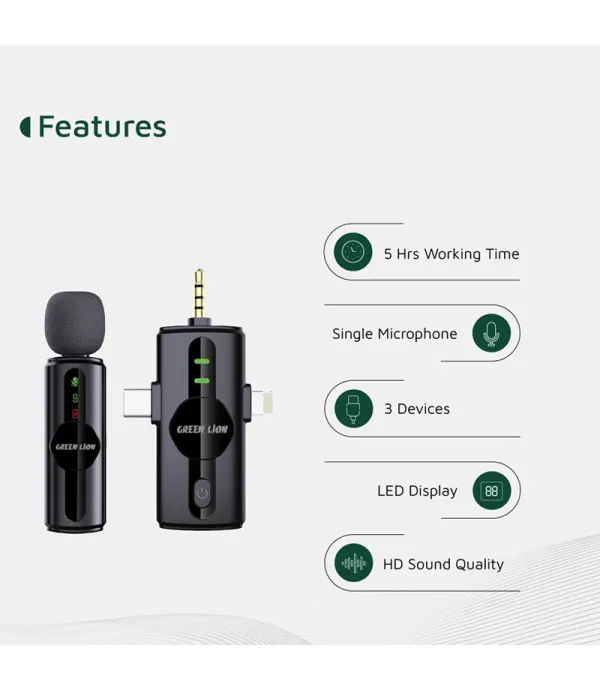 میکروفون یقه ای با قابلیت نویز کنسلینگ گرین لاین مدل Green Lion GM-79X 3 in 1 Microphone GNGM79XMIC