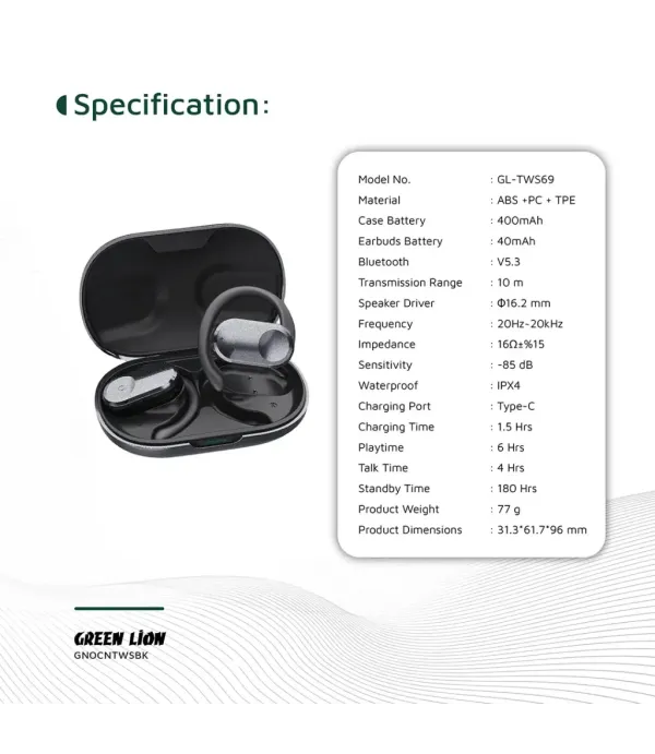 هندزفری Open EAR بلوتوثی 5.3 قابلیت نویز کنسلینگ ENC ضد آب Game Mode گرین لاین مدل Green Lion Ocean Open Ear Headphones GNOCNTWSBK
