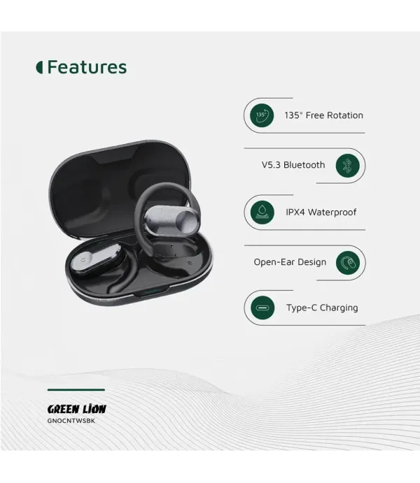 هندزفری Open EAR بلوتوثی 5.3 قابلیت نویز کنسلینگ ENC ضد آب Game Mode گرین لاین مدل Green Lion Ocean Open Ear Headphones GNOCNTWSBK