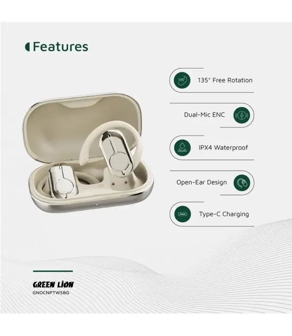 هندزفری Open EAR بلوتوثی 5.3 قابلیت نویز کنسلینگ ضد آب Game Mode گرین لاین مدل Green Lion Ocean PLUS Open Ear Headphones GNOCNPTWSBG