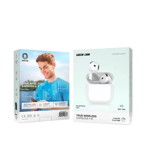 هندزفری بلوتوثی 5.3 قابلیت نویز کنسلینگ ENC پاپ آپ کنترل لمسی گرین لاین مدل Green Lion True Wireless Earbuds 4 G1 GNTWS4G1