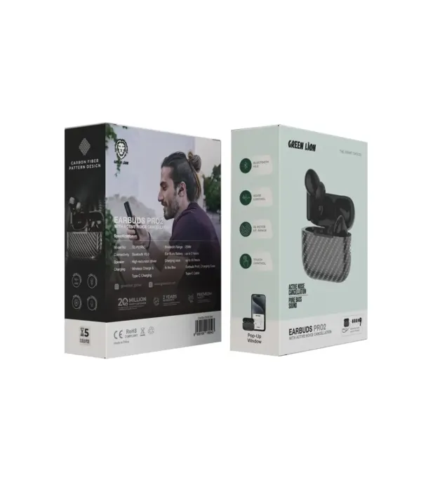 هندزفری بلوتوثی 5.3 قابلیت نویز کنسلینگ ENC و ANC ضد آب شارژ بی سیم گرین لاین مدل Green Lion Earbuds Pro 2 with ANC GNEBUDP2CBK
