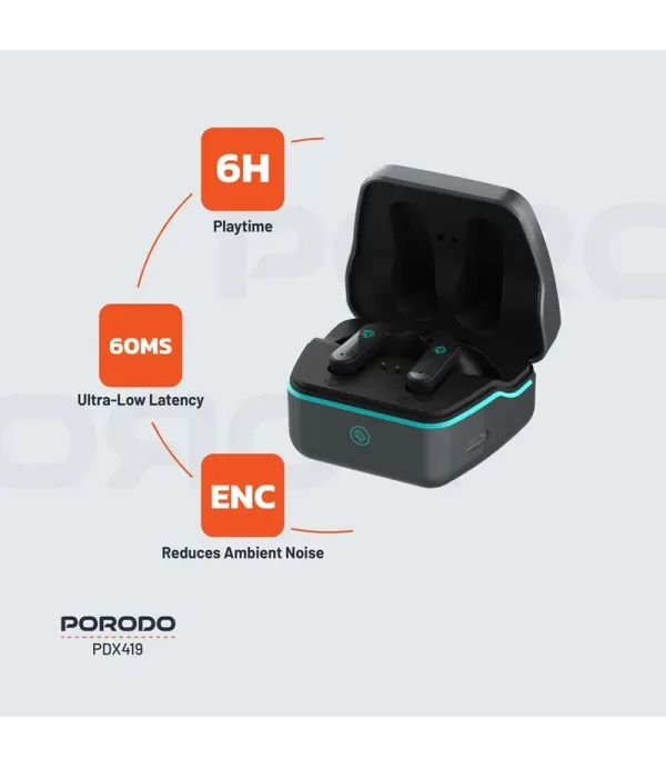 هندزفری بلوتوثی 5.4 گیمینگ پرودو نویزکنسلینگ ENC همراه با دو میکروفون نور RGB مدل Porodo PDX419 Wireless Headphone