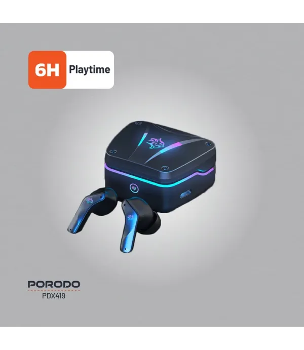 هندزفری بلوتوثی 5.4 گیمینگ پرودو نویزکنسلینگ ENC همراه با دو میکروفون نور RGB مدل Porodo PDX419 Wireless Headphone