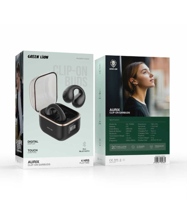 هندزفری بلوتوثی 5.4 ضد آب کنترل لمسی گرین لاین مدل Green Lion Aurix Clip On Earbuds GNARXCLTWSBK
