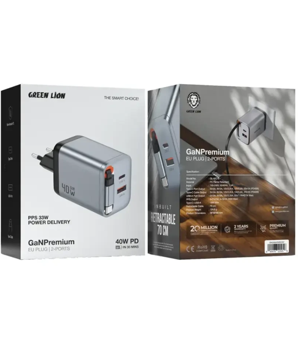 شارژر دیواری 40 وات گرین پرمیوم لاین مدل Green Lion GaN Premium EU Plug Wall Charger 40W