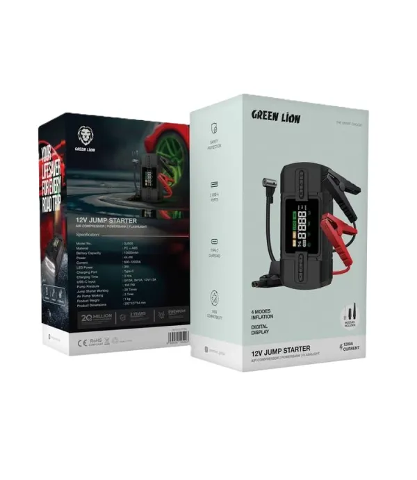جامپ استارتر، پاوربانک، پمپ باد و چراغ قوه گرین لاین مدل Green Lion 12V Jump Starter 12000 mAh GN12VJUSTBK GJS05