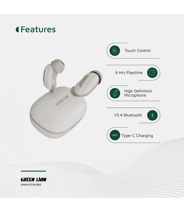هندزفری بلوتوثی 5.4 قابلیت نویز کنسلینگ ANC دستیار صوتی گرین لاین مدل Green Lion Majestic True Wireless Earbuds TWS GNMJSTWSBG