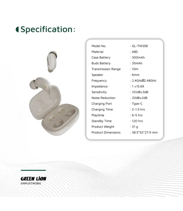 هندزفری بلوتوثی 5.4 قابلیت نویز کنسلینگ ANC دستیار صوتی گرین لاین مدل Green Lion Majestic True Wireless Earbuds TWS GNMJSTWSBG