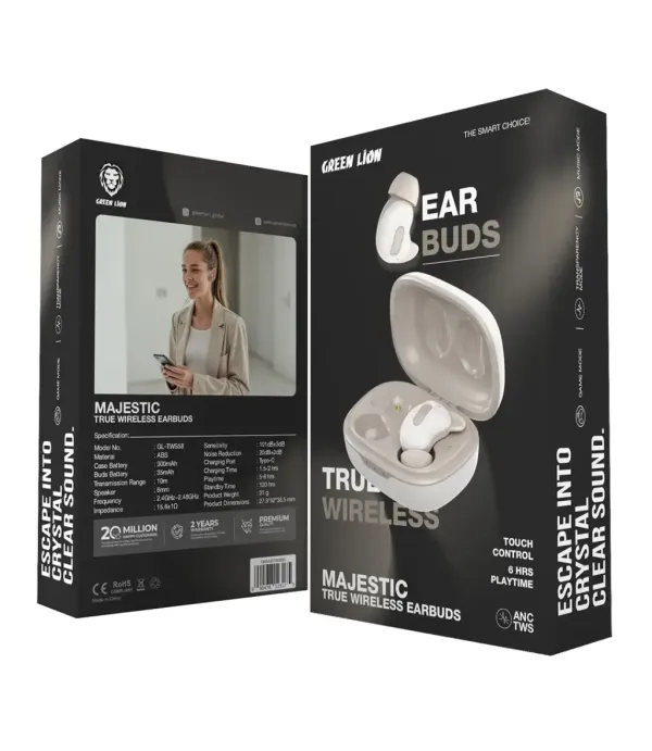 هندزفری بلوتوثی 5.4 قابلیت نویز کنسلینگ ANC دستیار صوتی گرین لاین مدل Green Lion Majestic True Wireless Earbuds TWS GNMJSTWSBG