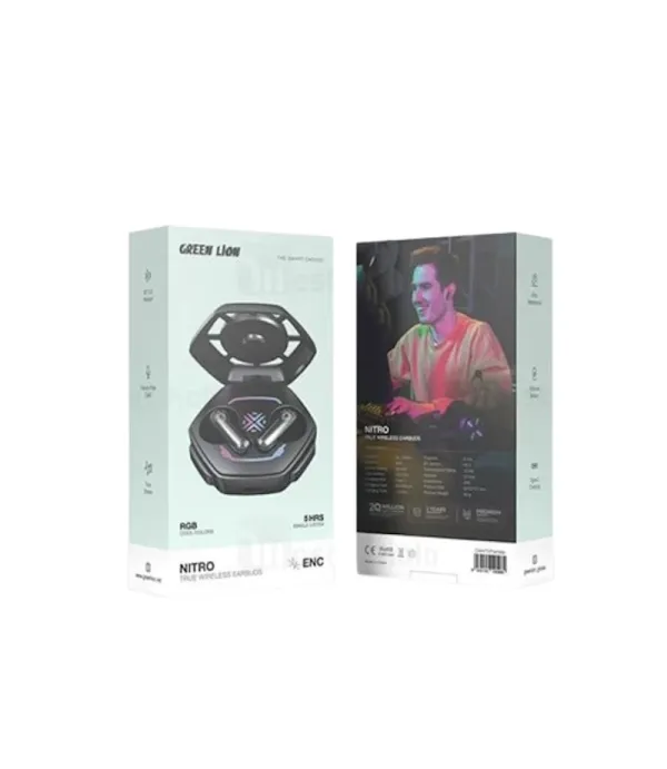هندزفری بلوتوثی 5.3 قابلیت نویز کنسلینگ ENC  نور RGB و ضد آب گرین لاین مدل Green Lion Nitro True Wireless Earbuds GNNTRTWSBK