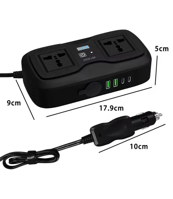 مبدل برق خودرو (اینورتر) و شارژر فندکی فست شارژ ماشین تایپ سی و یو اس بی 200 وات گرین لاین مدل Green Lion GC-233 Power Inverter GNGC233PIBK