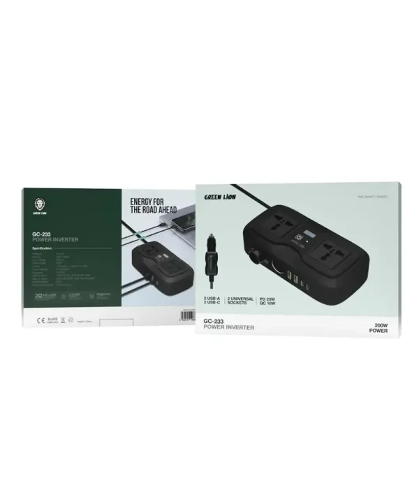 مبدل برق خودرو (اینورتر) و شارژر فندکی فست شارژ ماشین تایپ سی و یو اس بی 200 وات گرین لاین مدل Green Lion GC-233 Power Inverter GNGC233PIBK