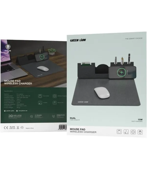 ماوس پد و شارژر 15 واتی بی سیم (وایرلس) با جا خودکار، کارت و موبایل گرین لاین مدل  Green Lion Mouse Pad Wireless Charger GNMSPADWIRGY
