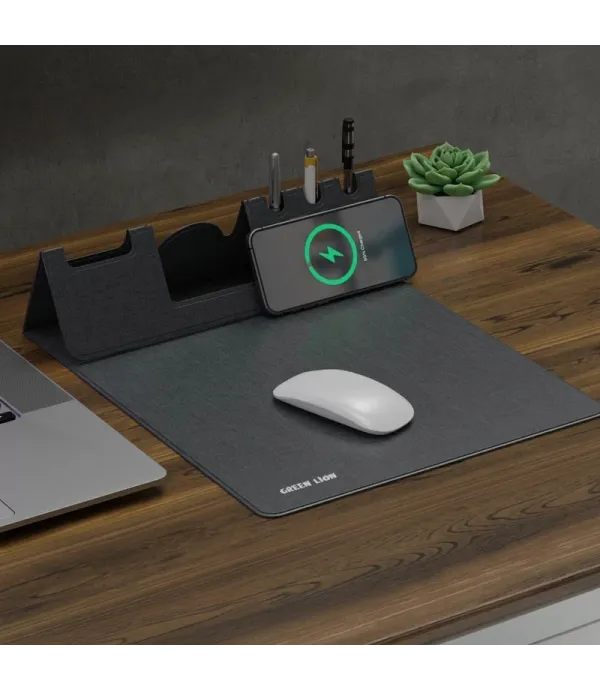 ماوس پد و شارژر 15 واتی بی سیم (وایرلس) با جا خودکار، کارت و موبایل گرین لاین مدل  Green Lion Mouse Pad Wireless Charger GNMSPADWIRGY