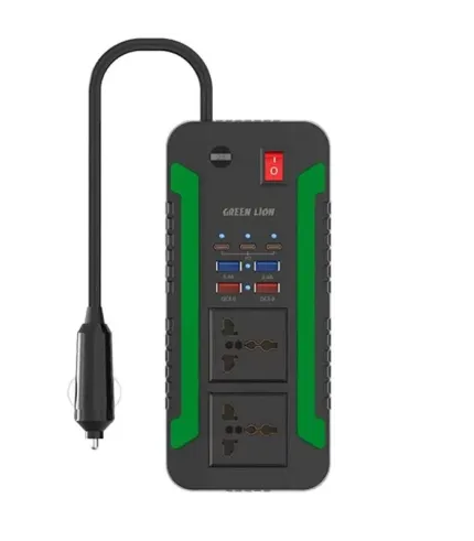 مبدل برق خودرو (اینورتر) و شارژر فندکی فست شارژ ماشین تایپ سی و یو اس بی 300 وات گرین لاین مدل Green Lion Spark 300 Power Inverter GNSPI300WAT