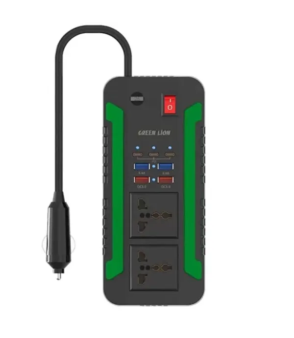 مبدل برق خودرو (اینورتر) و شارژر فندکی فست شارژ ماشین تایپ سی و یو اس بی 300 وات گرین لاین مدل Green Lion Spark 300 Power Inverter GNSPI300WAT