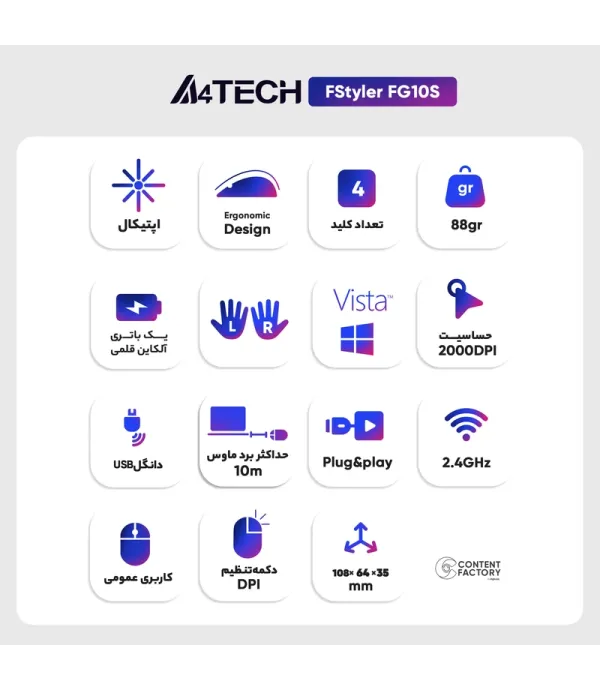 ماوس بی سیم ای فورتک دقت 2000 DPI مدل A4Tech FStyler FG10S Wireless Mouse