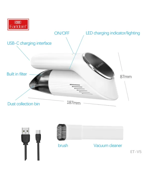 جارو شارژی خودرو ارلدام مدل Earldom ET-V5 Mini wireless car vacuum cleaner Portable