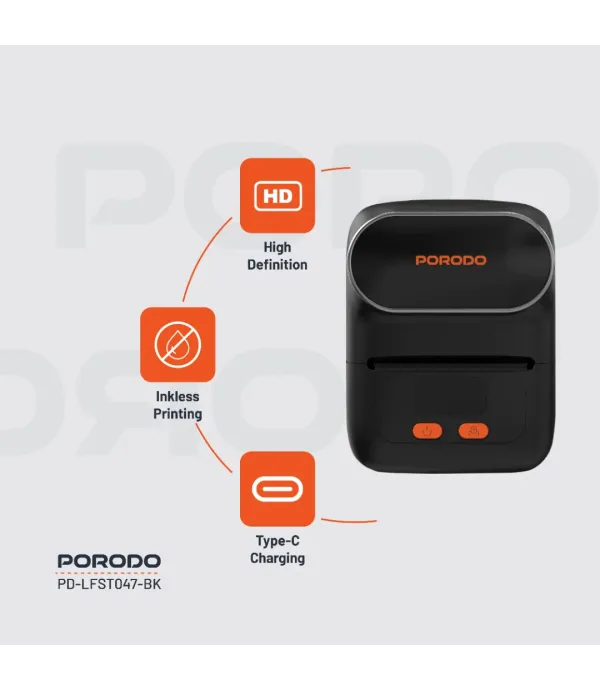 پرینتر لیبل زن حرارتی و قابل حمل پرودو مدل Porodo Lifestyle Super HD Thermal Printer - Black PD-LFST047-BK