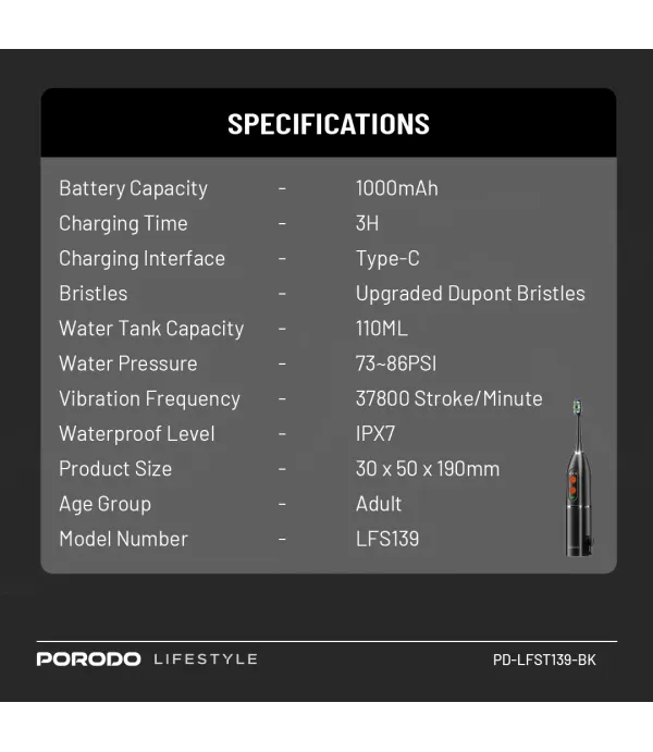 مسواک برقی و واتر جت شست و شو دهنده دهان و دندان پرودو مدل PORODO Water Floss & Sonic Electric Toothbrush LFS139