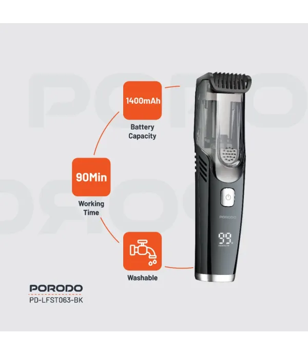 ماشین اصلاح سر و صورت با قابلیت مکش مو قابل شست و شو پرودو مدل Porodo Lifestyle Air Suction Beard & Body Trimmer PD-LFST063-BK