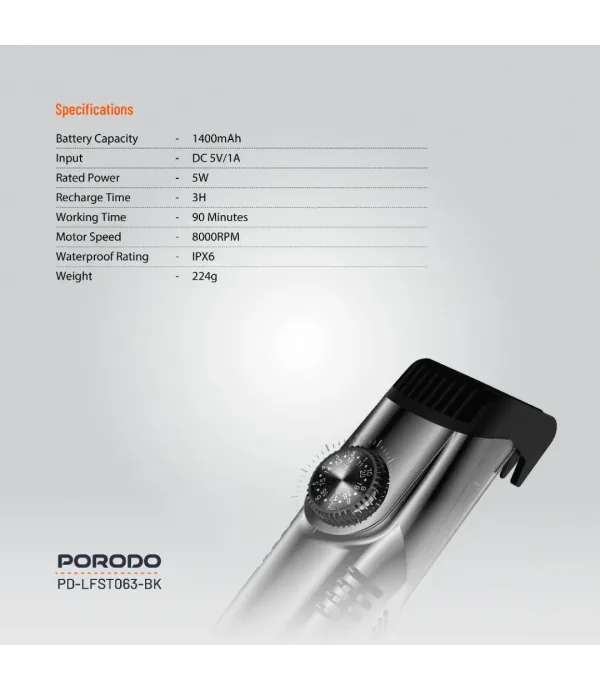 ماشین اصلاح سر و صورت با قابلیت مکش مو قابل شست و شو پرودو مدل Porodo Lifestyle Air Suction Beard & Body Trimmer PD-LFST063-BK