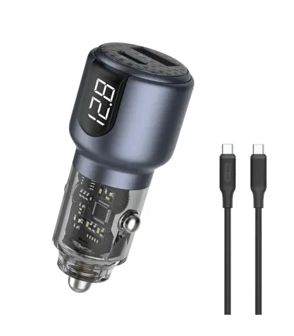 شارژر فندکی 75 وات همراه کابل 2 سر تایپ سی نمایشگر LED گرین لاین مدل Green Lion Dual Port Car Charger PD + QC 75W GNDPCC75WCGY GL-CC16