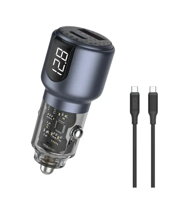 شارژر فندکی 75 وات همراه کابل 2 سر تایپ سی نمایشگر LED گرین لاین مدل Green Lion Dual Port Car Charger PD + QC 75W GNDPCC75WCGY GL-CC16