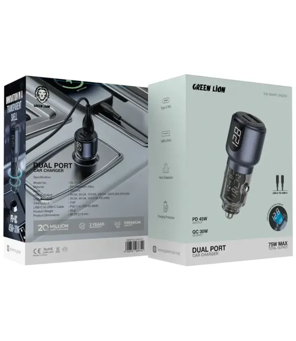شارژر فندکی 75 وات همراه کابل 2 سر تایپ سی نمایشگر LED گرین لاین مدل Green Lion Dual Port Car Charger PD + QC 75W GNDPCC75WCGY GL-CC16