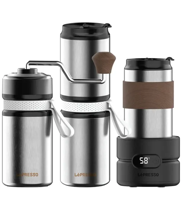ست قهوه 4 کاره آسیاب دستی، کیت دم‌آوری قطره‌ای، محفظه دانه و کتری برقی جمع‌وجور لپرسو مدل Lepresso Grindo Quattro 4-in-1 Outdoor Coffee Set LP4IN1OCFFSSL