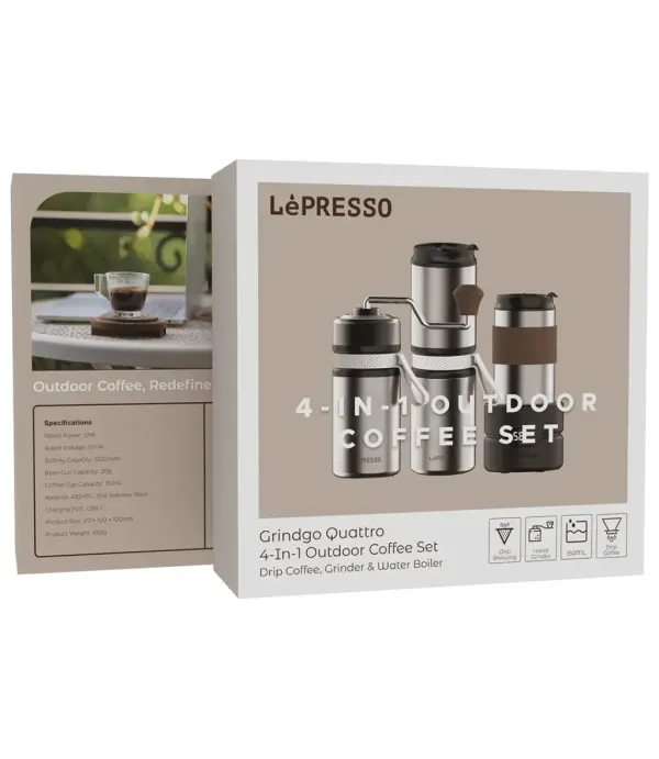 ست قهوه 4 کاره آسیاب دستی، کیت دم‌آوری قطره‌ای، محفظه دانه و کتری برقی جمع‌وجور لپرسو مدل Lepresso Grindo Quattro 4-in-1 Outdoor Coffee Set LP4IN1OCFFSSL