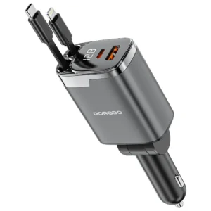 شارژر فندکی پرودو مدل Porodo 111W Car Charger with Lightning & Type-C Retractable Cables | شارژ سریع 111 وات با کابل‌های جمع‌شونده